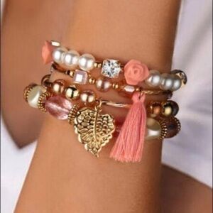 Pink & Gold Beaded Stretch Bracelet Set with Tassel, Leaf Charm, Pearls & Roses